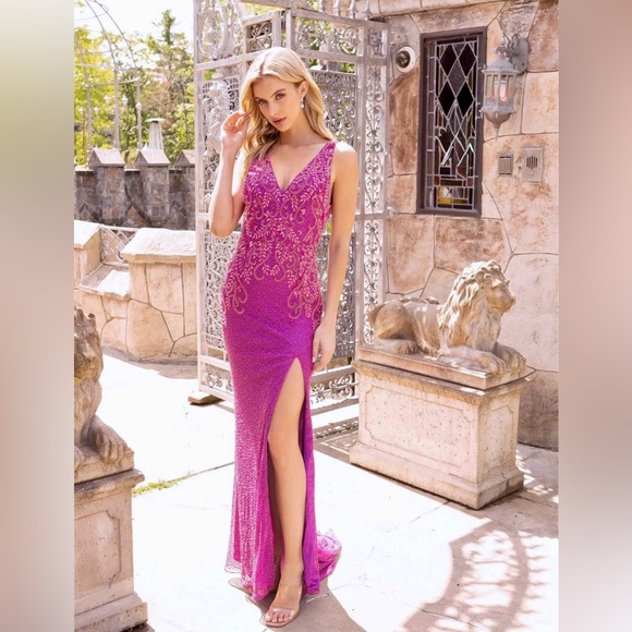 Primavera Couture 3923 Size 2 Fuchsia Long Beaded Prom Dress V-neck Evening Gown - Picture 10 of 13